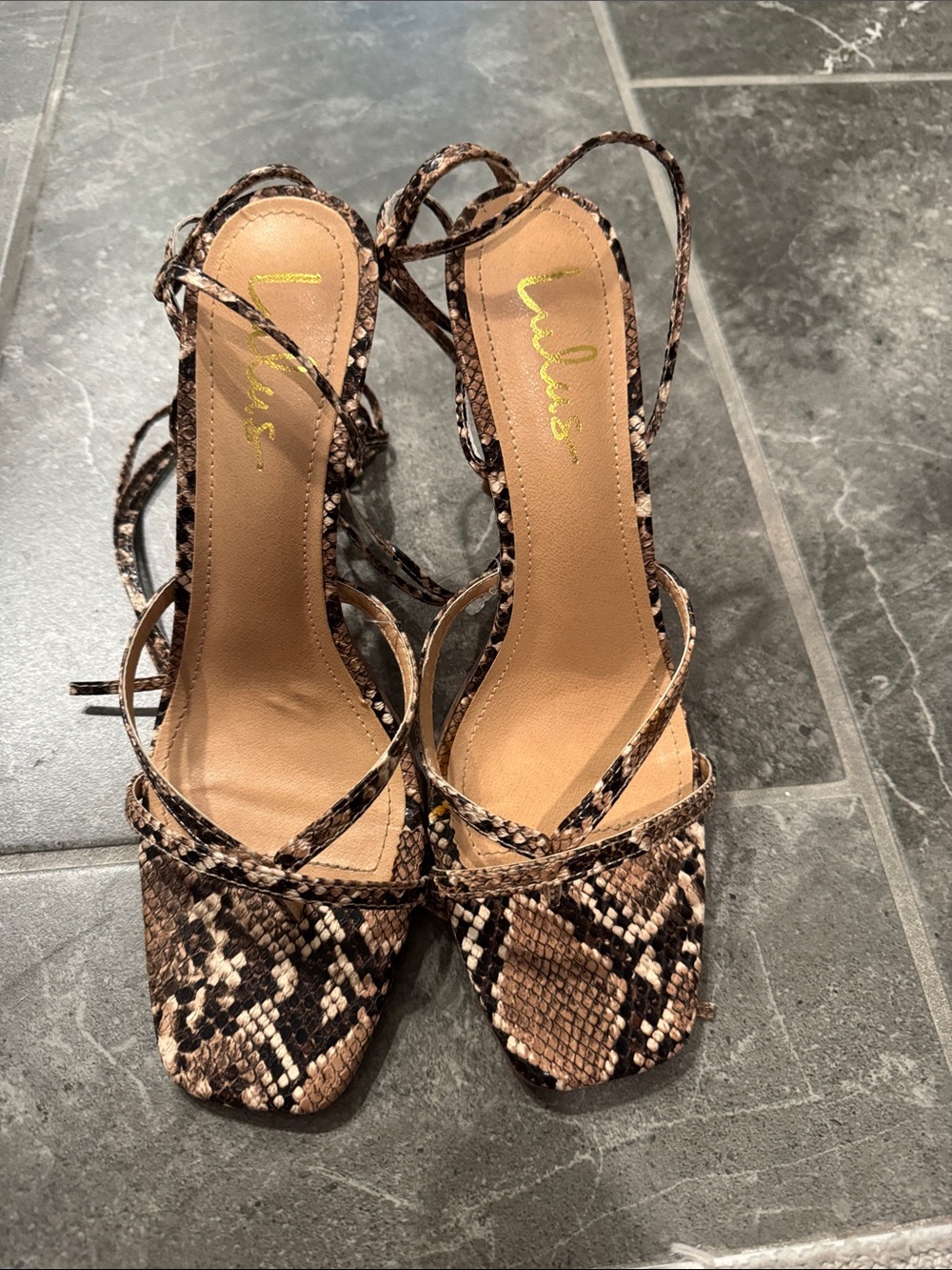 LuLu's Brown Snake-Print Strappy Heels with Wrap Ties